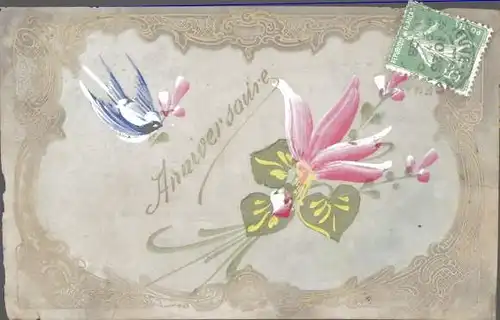 Zelluloid Ak Glückwunsch Geburtstag, Blume, Schwalbe