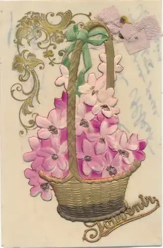 Glitzer Zelluloid Ak Souvenir, Blumenkorb