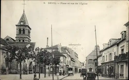 Ak Deuil Val d'Oise, Place et Rue de l'Eglise