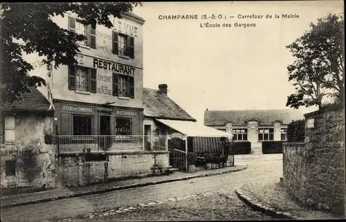 Ak Champagne Val d'Oise, Carrefour de la Mairie, L'Ecole des Garcons, Restaurant
