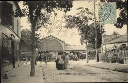 Ak La Garenne Bezons Hauts-de-Seine, Le Marché et la Rue Voltaire