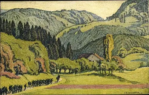 Künstler Ak Schlatter, E. E., Vallee du Jura pres de Fontenais, soldats en marche