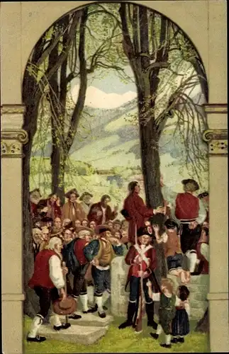 Ganzsachen Künstler Ak Schweizer Bundesfeier 1918, Versammlung unter Bäumen, Wachsoldat