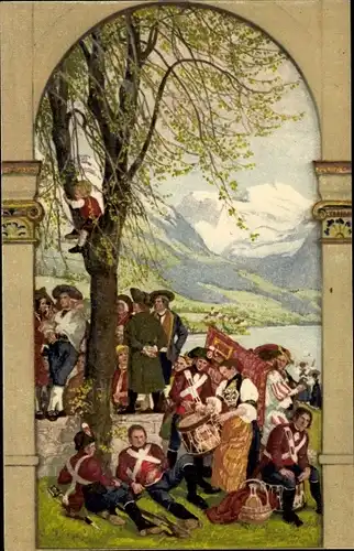 Ganzsachen Künstler Ak Schweizer Bundesfeier 1918, Soldaten am Ufer, Trommel, Alpenpanorama