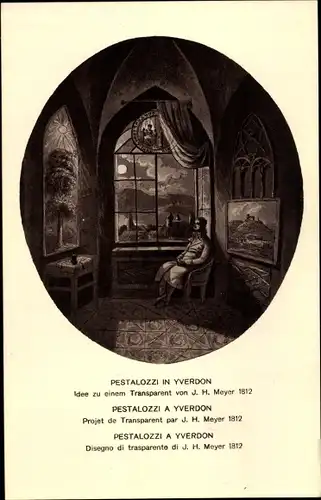 Künstler Ganzsachen Ak Pestalozzi in Yverdon les Bains Kt. Waadt Schweiz, Mond durchs Fenster