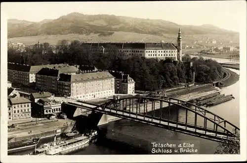 Foto Ak Děčín Tetschen Bodenbach Elbe Reg. Aussig, Schloss, Brücke, Reklame Odol Pasta
