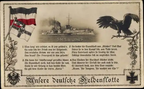 Ak Kriegsschiff SMS Blücher, Reichskriegsflagge, Reichsadler, Eisernes Kreuz