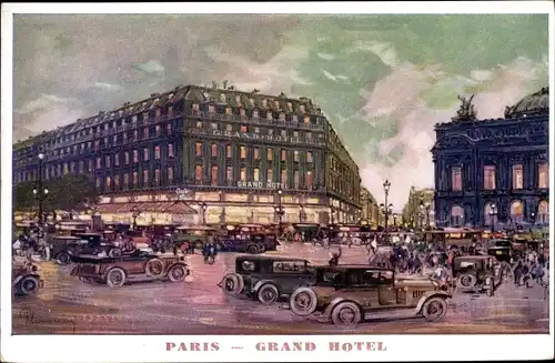 Künstler Ak Paris IX., Grand Hotel, Straßenpartie, Autos