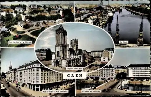 Ak Caen Calvados, Les Jardin et le Château, le Port, l'Église