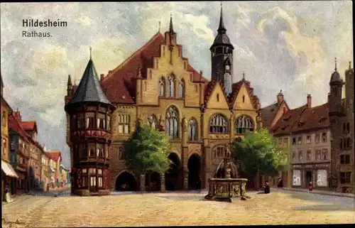 Künstler Ak Hildesheim in Niedersachsen, Rathaus, Brunnen