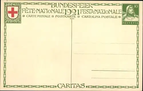 Ganzsachen Künstler Ak Schweizer Bundesfeier 1921, Rotes Kreuz, Krankenschwester, Caritas