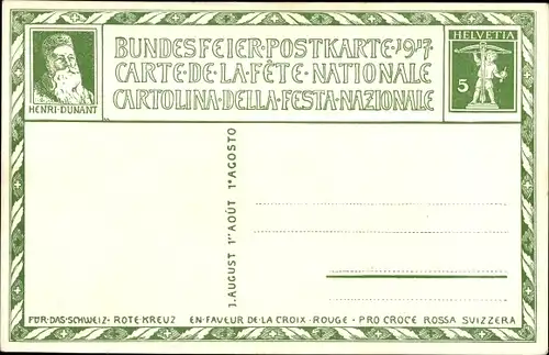 Ganzsachen Künstler Ak Schweizer Bundesfeier 1917, Rotes Kreuz, Henri Dunant