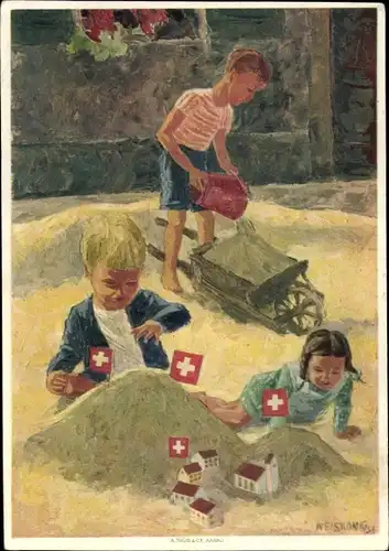 Ganzsachen Künstler Ak Weiskönig, Schweizer Bundesfeier 1937, spielende Kinder