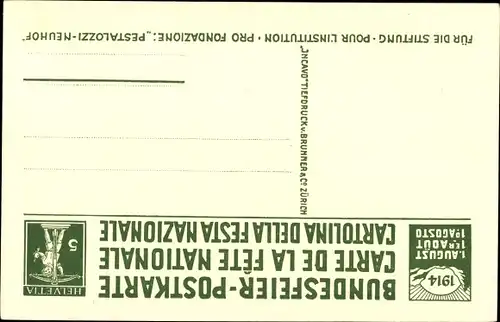 Ganzsachen Künstler Ak Schöner, G. A., Schweizer Bundesfeier 1914, Pestalozzi mit Enkel Gottlieb