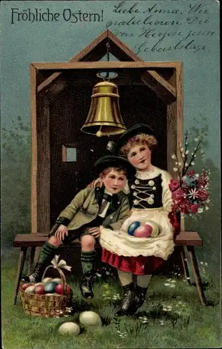 Präge Ak Ostern, Kinder in Tracht, Ostereier, Glocke