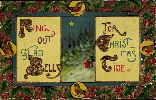 Präge Passepartout Ak Frohe Weihnachten, Winterszene bei Nacht, Ring out glad Bells