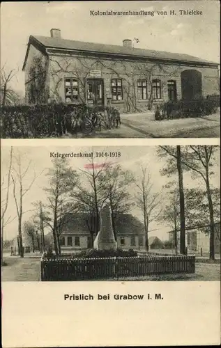 Ak Prislich in Mecklenburg Vorpommern, Kolonialwarenhandlung H. Thielcke, Kriegerdenkmal