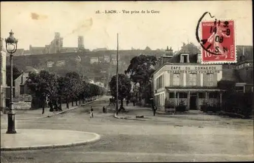 Ak Laon Aisne, Vue prise de la Gare, Café du Commerce