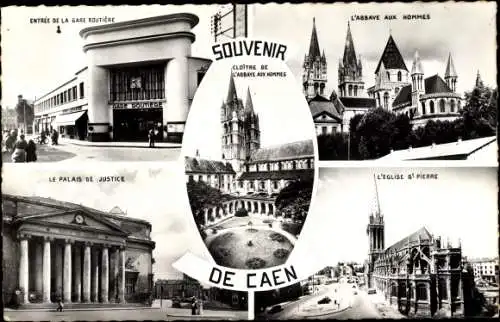 Ak Caen Calvados, Entrée de la Gare, Palais de Justice, Abbaye, Église