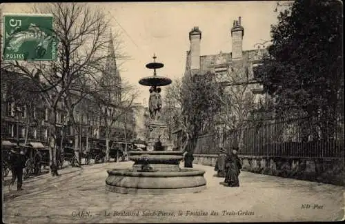 Ak Caen Calvados, Le Boulevard Saint Pierre, la Fontaine des Trois Grâces