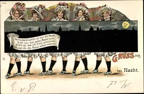 Litho Stadt bei Nacht, Junge Frauen in Strümpfen und Unterrock, Fächer, Hüte