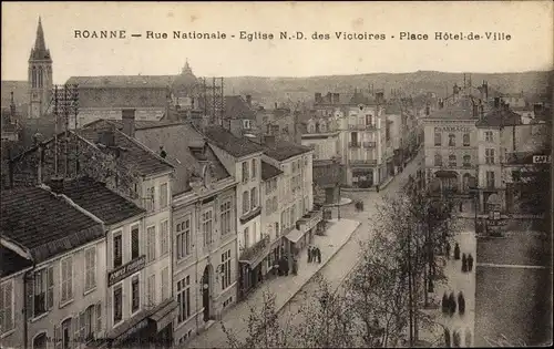Ak Roanne Loire, Rue Nationale, Eglise Notre Dame des Victoires, Place Hotel de Ville