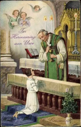 Litho Kommunion, Papst Leo XIII., Vincenzo Gioacchino Pecci, betendes Mädchen, Engel