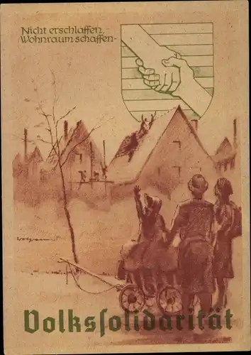 Künstler Ak Vertriebene Familie, Volkssolidarität, Wappen, DDR Propaganda