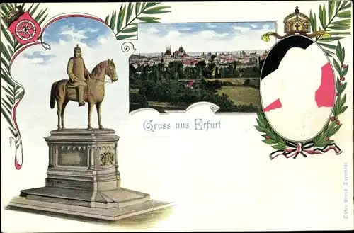Präge Ak Erfurt in Thüringen, Kaiser Wilhelm I. Reiterdenkmal, Kaiser Wilhelm II.