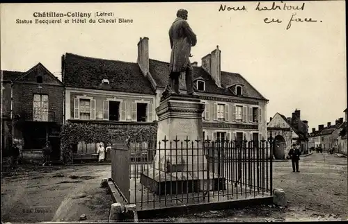 Ak Chatillon Coligny Loiret, Statue Becquerel et Hotel du Cheval Blanc