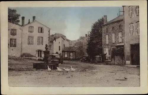 Ak Vergongheon Haute Loire, Place de la Fontaine, oies