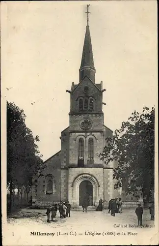 Ak Millancay Loir-et-Cher, L'Eglise et la Place