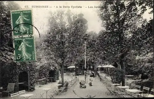 Ak Suresnes, A la Belle Cycliste, Les Jardins