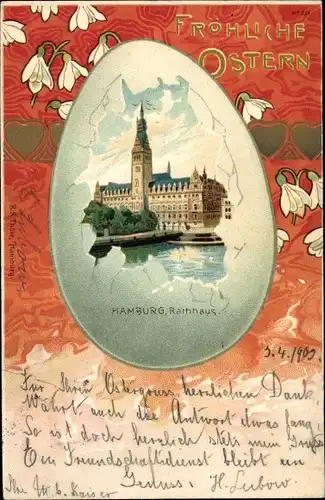 Passepartout Litho Hamburg, Rathaus, Fröhliche Ostern, Osterei, Schneeglöckchen