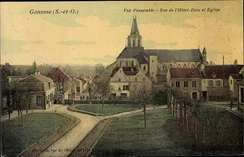 Ak Gonesse Val d'Oise, Vue d'ensemble, Rue de l'Hôtel Dieu et Église