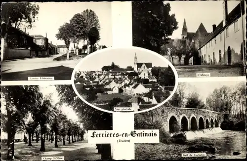 Ak Ferrieres Loiret, Vue générale, Avenue Liberation, Abbaye, Champ St. Mace, Gril de Corbelin