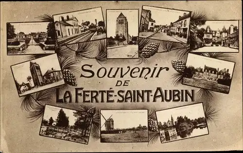 Ak La Ferte Saint Aubin Loiret, Gare, moulin, eglise, chateau, rue principale