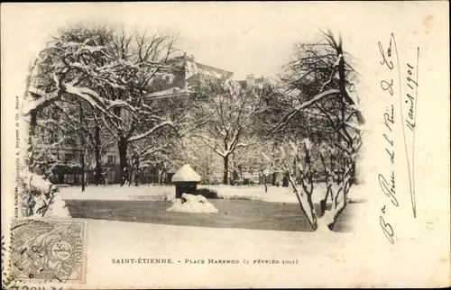 Ak Saint Étienne Loire, Place Marengo, 2 Fevrier 1901, hiver, neige