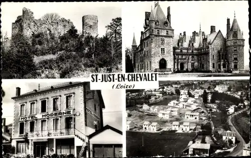 Ak Saint Just en Chevalet Loire, Ruines, Chateau de Contenson, Hotel moderne, Vue générale