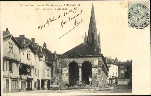 Ak Airvault Deux Sèvres, Les Halles et le Clocher