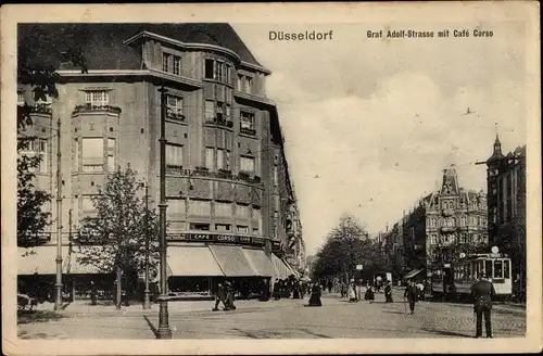Ak Düsseldorf am Rhein, Graf Adolf Straße mit Café Corso