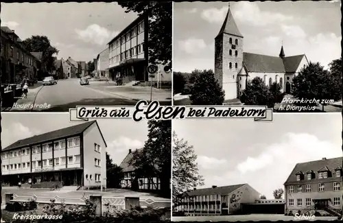 Ak Elsen Paderborn in Nordrhein Westfalen, Hauptstraße, Pfarrkirche zum Hl. Dionysius, Sparkasse