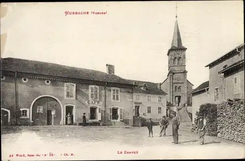 Ak Hurbache Vosges, Le Centre, cafe, eglise