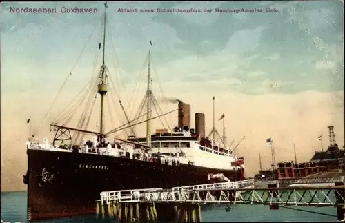 Ak Cuxhaven Niedersachsen, Abfahrt des Schnelldampfers Cininnati der Hamburg Amerika Linie, HAPAG