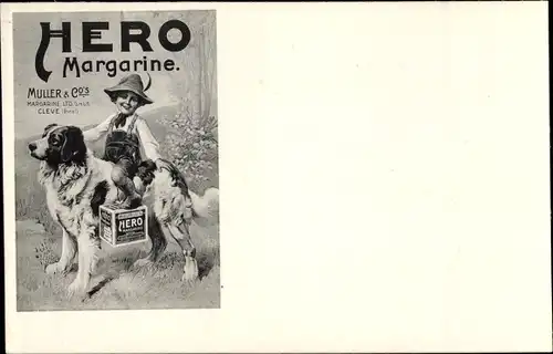 Ak Muller & Co's Hero Margarine, Werbung, Kind auf Bernhardiner