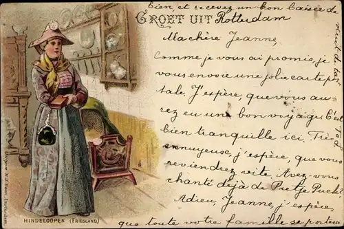 Litho Hindeloopen Friesland, Frau in Tracht, Handtasche, Bibel