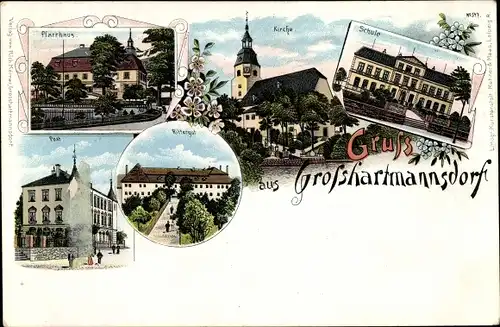Litho Großhartmannsdorf in Sachsen, Pfarrhaus, Kirche, Schule, Rittergut