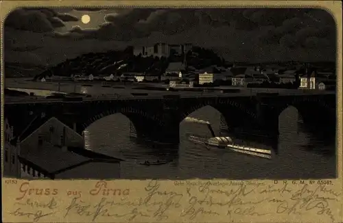 Mondschein Litho Pirna in Sachsen, Flusspartie mit Blick auf die Stadt, Brücke, Dampfer Pirna