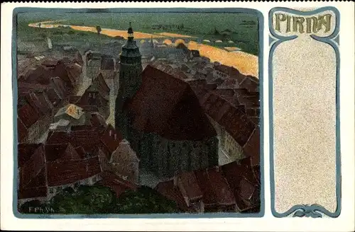 Künstler Litho Pirna in Sachsen, Blick über die Dächer der Stadt, Kirche