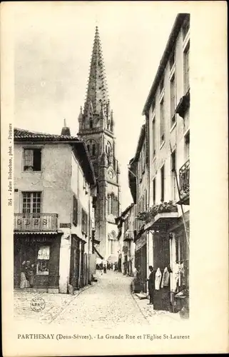 Ak Parthenay Deux Sèvres, La Grande Rue et l'Église Saint Laurent